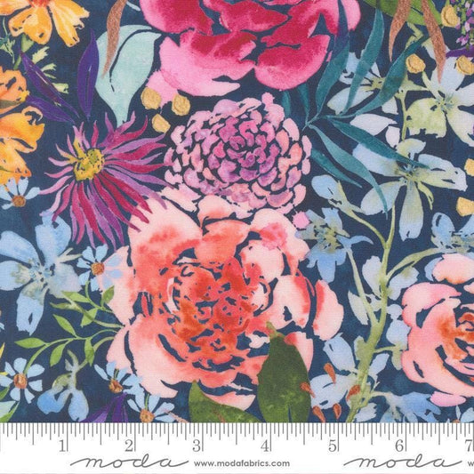 Image of Soulstice Midsummer Navy quilting cotton fabric by Create Joy Project for Moda Fabrics. Features floral watercolors on a blue background. Cute Little Fabric Shop.