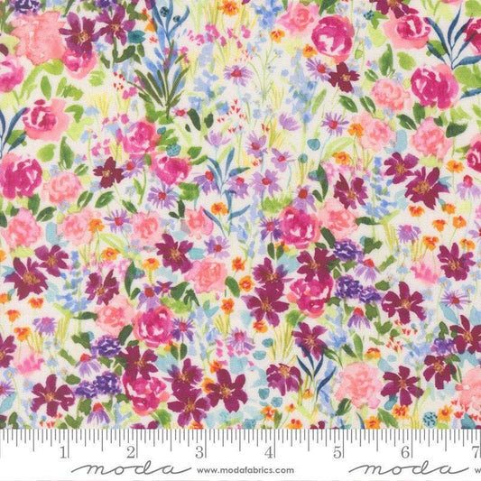 Image of Soulstice Garden Cloud quilting cotton fabric by Create Joy Project for Moda Fabrics. Features floral watercolors on a pink background. Cute Little Fabric Shop.