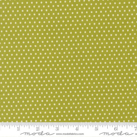Image of Animal Park Fun Dots Iguana quilting cotton fabric by Stacy Iest Hsu for Moda Fabrics. Features dots on a green background. Cute Little Fabric Shop.