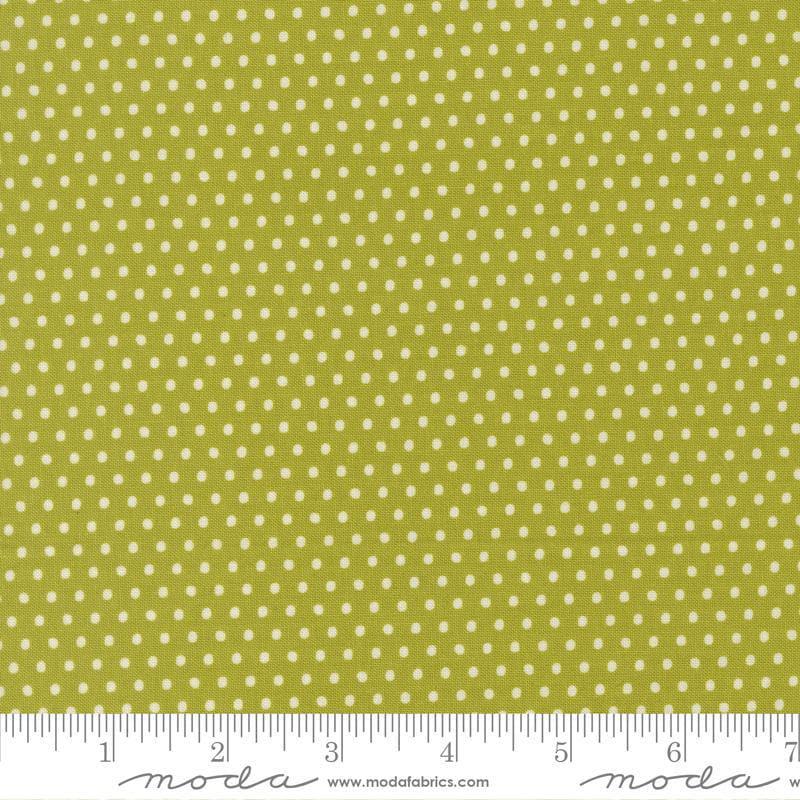 Image of Animal Park Fun Dots Iguana quilting cotton fabric by Stacy Iest Hsu for Moda Fabrics. Features dots on a green background. Cute Little Fabric Shop.