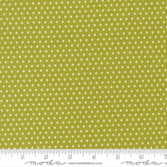 Image of Animal Park Fun Dots Iguana quilting cotton fabric by Stacy Iest Hsu for Moda Fabrics. Features dots on a green background. Cute Little Fabric Shop.