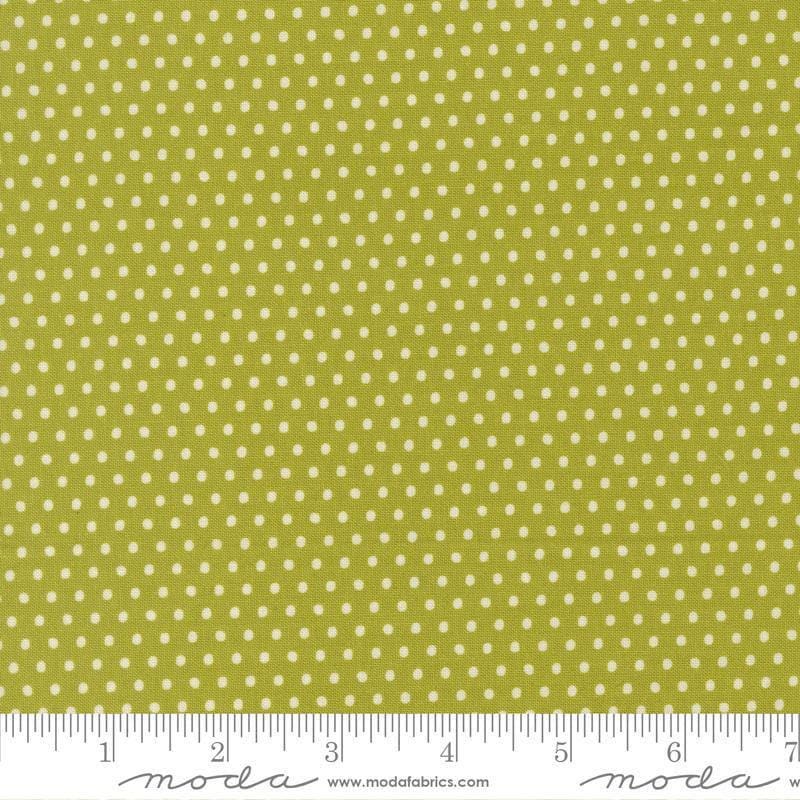 Image of Animal Park Fun Dots Iguana quilting cotton fabric by Stacy Iest Hsu for Moda Fabrics. Features dots on a green background. Cute Little Fabric Shop.