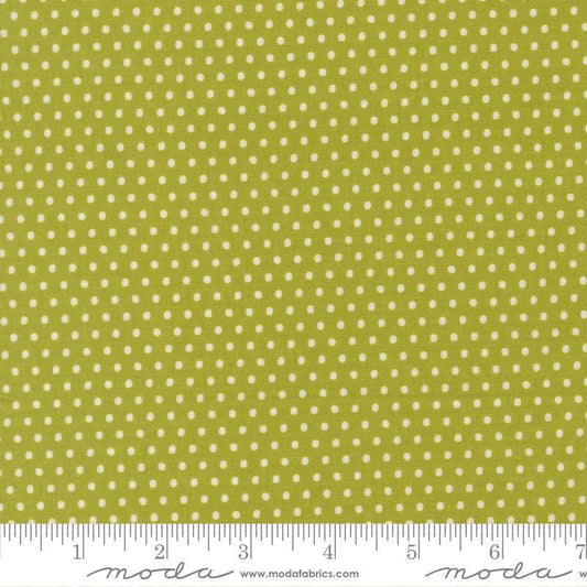 Image of Animal Park Fun Dots Iguana quilting cotton fabric by Stacy Iest Hsu for Moda Fabrics. Features dots on a green background. Cute Little Fabric Shop.