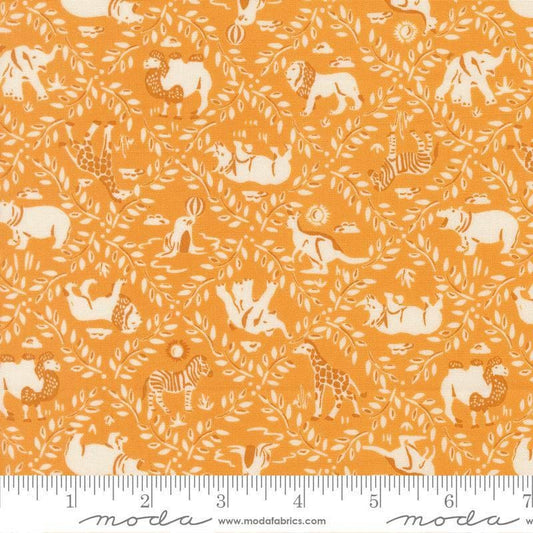 Image of Animal Park Fun Animal Crackers Canary quilting cotton fabric by Stacy Iest Hsu for Moda Fabrics. Features animals on an orange background. Cute Little Fabric Shop.