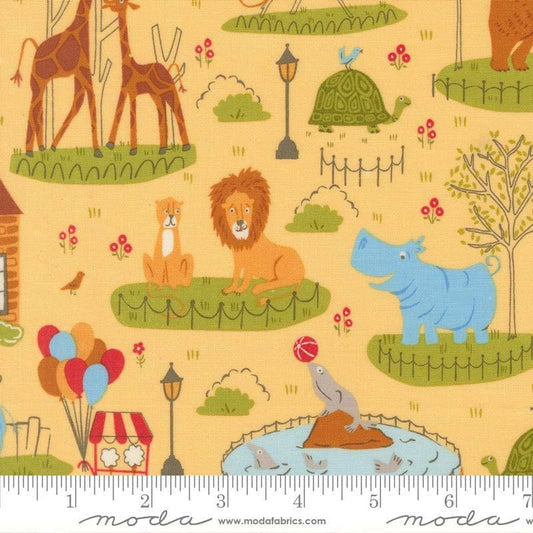 Image of Animal Park Fun Zoo Banana quilting cotton fabric by Stacy Iest Hsu for Moda Fabrics. Features animals on a yellow background. Cute Little Fabric Shop.