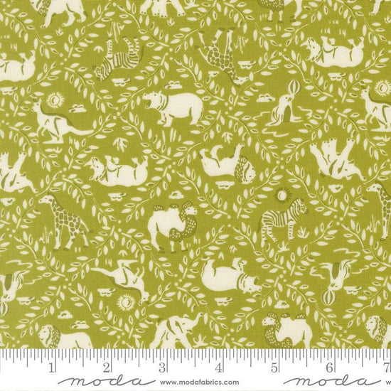 Image of Animal Park Fun Animal Crackers Iguana quilting cotton fabric by Stacy Iest Hsu for Moda Fabrics. Features animals on a green background. Cute Little Fabric Shop.