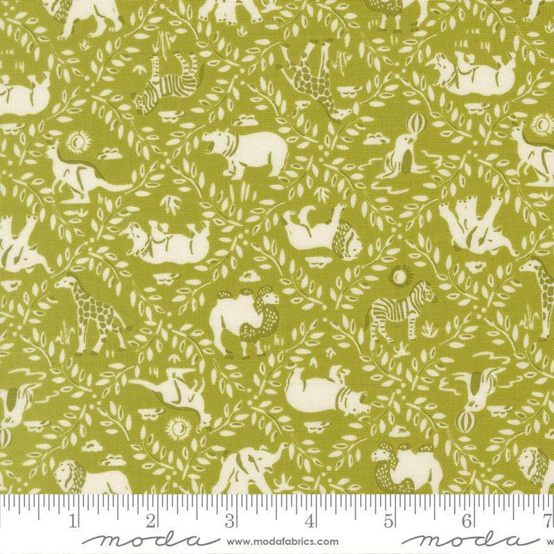 Image of Animal Park Fun Animal Crackers Iguana quilting cotton fabric by Stacy Iest Hsu for Moda Fabrics. Features animals on a green background. Cute Little Fabric Shop.