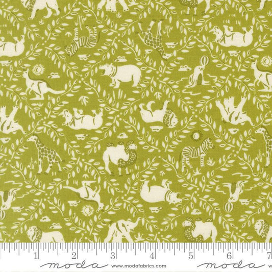 Image of Animal Park Fun Animal Crackers Iguana quilting cotton fabric by Stacy Iest Hsu for Moda Fabrics. Features animals on a green background. Cute Little Fabric Shop.
