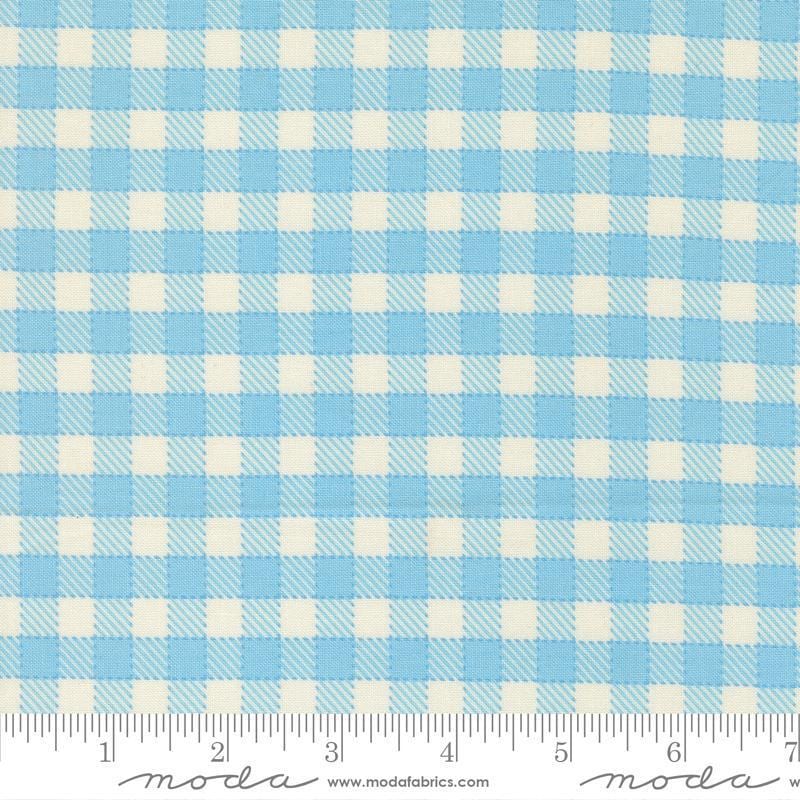 Image of Animal Park Fun Checks Sky quilting cotton fabric by Stacy Iest Hsu for Moda Fabrics. Features checks on a blue background. Cute Little Fabric Shop.