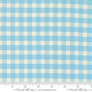 Image of Animal Park Fun Checks Sky quilting cotton fabric by Stacy Iest Hsu for Moda Fabrics. Features checks on a blue background. Cute Little Fabric Shop.