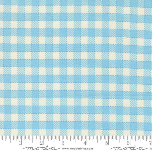 Image of Animal Park Fun Checks Sky quilting cotton fabric by Stacy Iest Hsu for Moda Fabrics. Features checks on a blue background. Cute Little Fabric Shop.