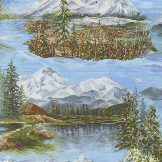 Image of Wild Blue Yonder Mountainscape Sky quilting cotton fabric by Moda Fabrics. Features nature on a blue background. Cute Little Fabric Shop.