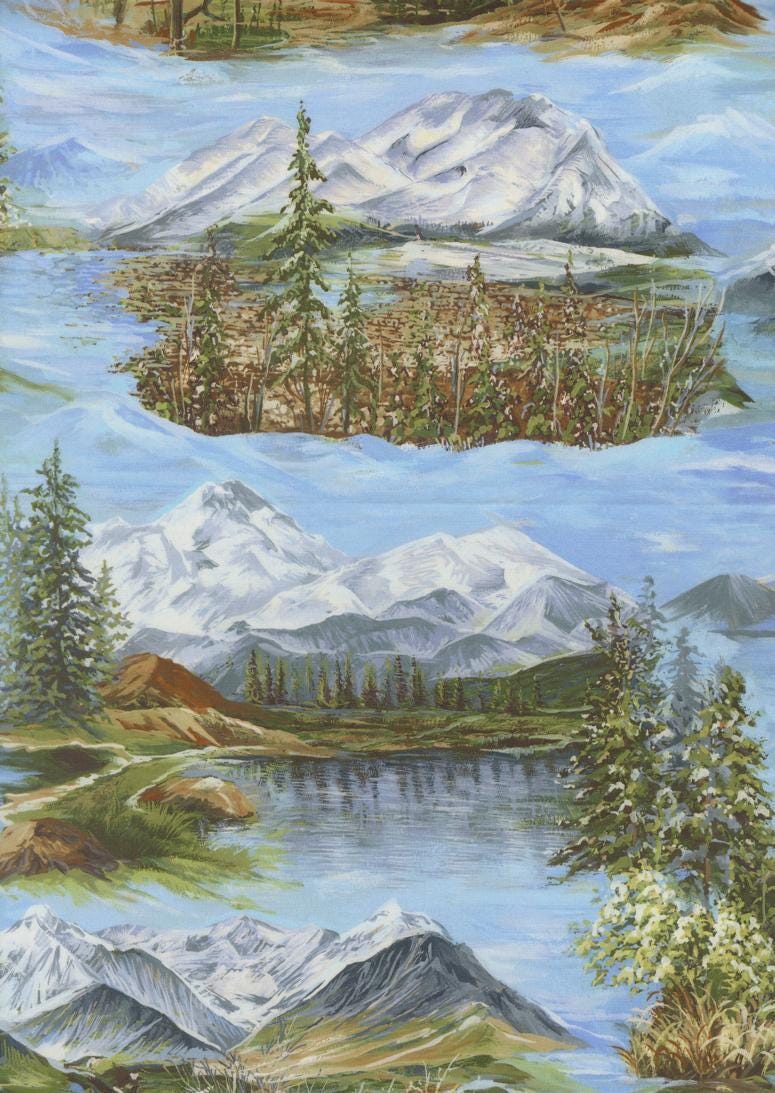 Image of Wild Blue Yonder Mountainscape Sky quilting cotton fabric by Moda Fabrics. Features nature on a blue background. Cute Little Fabric Shop.
