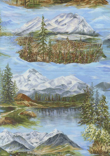 Image of Wild Blue Yonder Mountainscape Sky quilting cotton fabric by Moda Fabrics. Features nature on a blue background. Cute Little Fabric Shop.