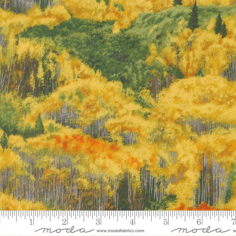 Image of Wild Blue Yonder Foliage Forest quilting cotton fabric by Moda Fabrics. Features trees on a yellow background. Cute Little Fabric Shop.