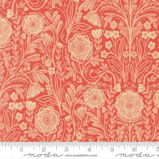 Image of The Henhouse Poppy Barn quilting cotton fabric by Gingiber for Moda Fabrics. Features flowers on a red background. Cute Little Fabric Shop.