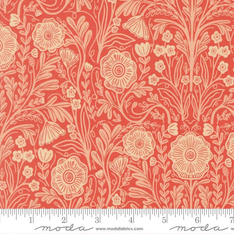 Image of The Henhouse Poppy Barn quilting cotton fabric by Gingiber for Moda Fabrics. Features flowers on a red background. Cute Little Fabric Shop.