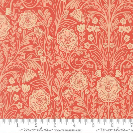 Image of The Henhouse Poppy Barn quilting cotton fabric by Gingiber for Moda Fabrics. Features flowers on a red background. Cute Little Fabric Shop.