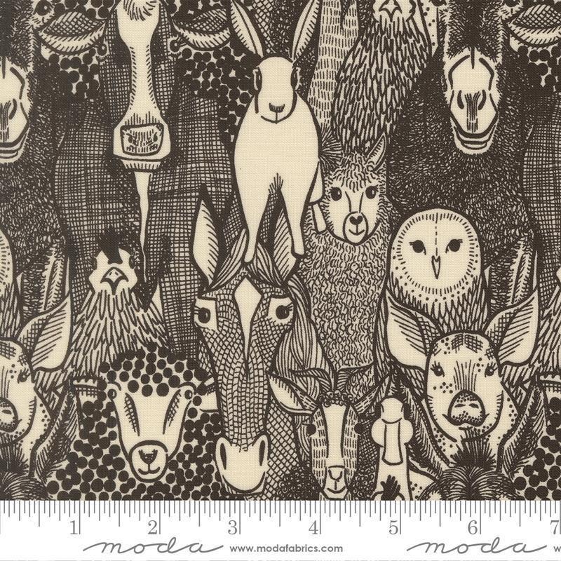 Image of The Henhouse Barnyard Iron quilting cotton fabric by Gingiber for Moda Fabrics. Features farm animals on a black background. Cute Little Fabric Shop.