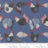 Image of The Henhouse Chickens Cobalt quilting cotton fabric by Gingiber for Moda Fabrics. Features chickens on a blue background. Cute Little Fabric Shop.