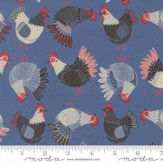 Image of The Henhouse Chickens Cobalt quilting cotton fabric by Gingiber for Moda Fabrics. Features chickens on a blue background. Cute Little Fabric Shop.