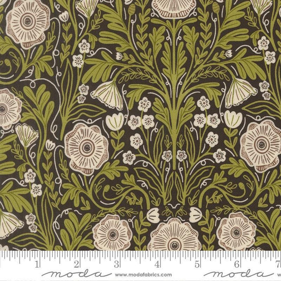 Image of The Henhouse Poppy Iron quilting cotton fabric by Gingiber for Moda Fabrics. Features flowers on a black background. Cute Little Fabric Shop.