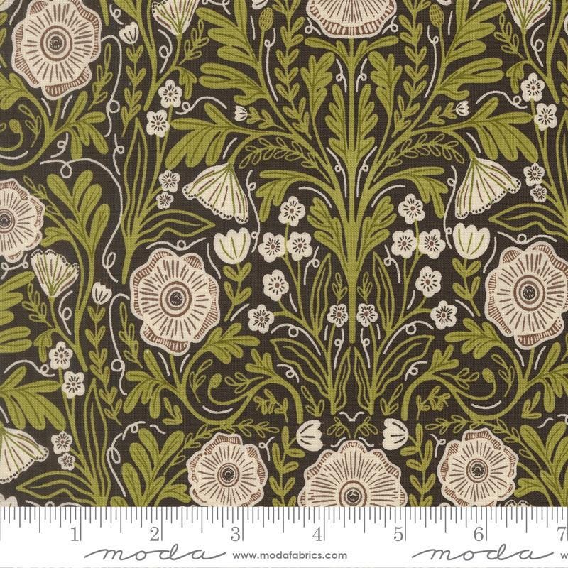 Image of The Henhouse Poppy Iron quilting cotton fabric by Gingiber for Moda Fabrics. Features flowers on a black background. Cute Little Fabric Shop.