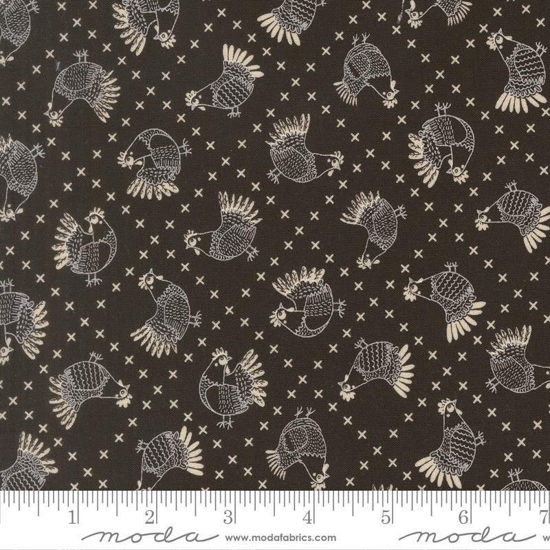 Image of The Henhouse Cross Stitch Iron quilting cotton fabric by Gingiber for Moda Fabrics. Features chickens on a black background. Cute Little Fabric Shop.