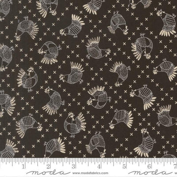 Image of The Henhouse Cross Stitch Iron quilting cotton fabric by Gingiber for Moda Fabrics. Features chickens on a black background. Cute Little Fabric Shop.