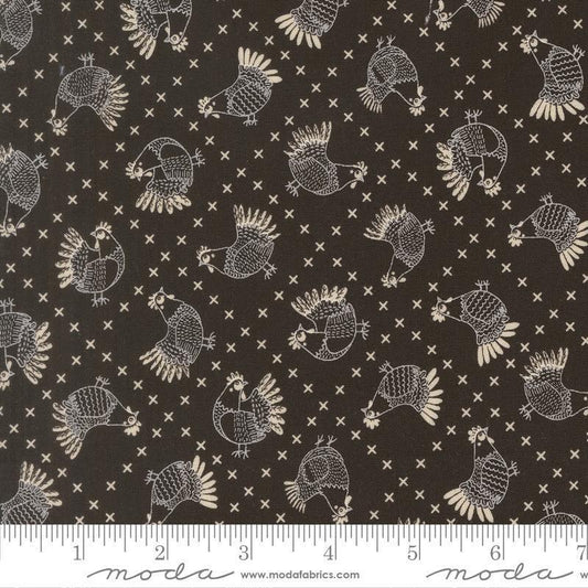 Image of The Henhouse Cross Stitch Iron quilting cotton fabric by Gingiber for Moda Fabrics. Features chickens on a black background. Cute Little Fabric Shop.