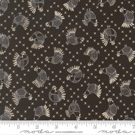 Image of The Henhouse Cross Stitch Iron quilting cotton fabric by Gingiber for Moda Fabrics. Features chickens on a black background. Cute Little Fabric Shop.