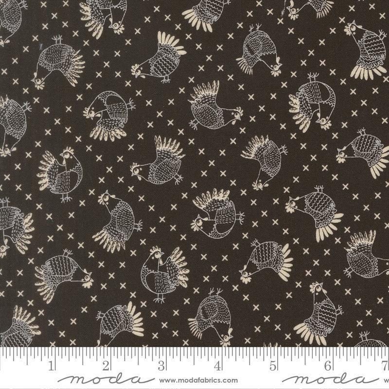 Image of The Henhouse Cross Stitch Iron quilting cotton fabric by Gingiber for Moda Fabrics. Features chickens on a black background. Cute Little Fabric Shop.