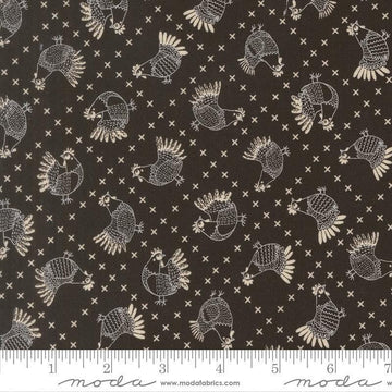 Image of The Henhouse Cross Stitch Iron quilting cotton fabric by Gingiber for Moda Fabrics. Features chickens on a black background. Cute Little Fabric Shop.