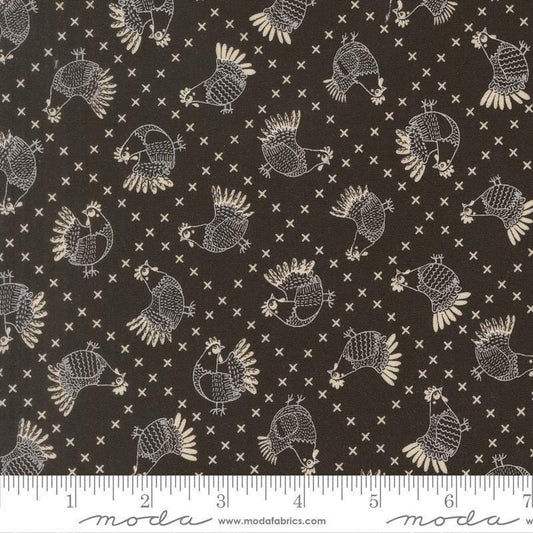 Image of The Henhouse Cross Stitch Iron quilting cotton fabric by Gingiber for Moda Fabrics. Features chickens on a black background. Cute Little Fabric Shop.