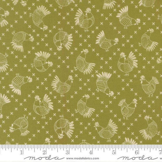 Image of The Henhouse Cross Stitch Grass quilting cotton fabric by Gingiber for Moda Fabrics. Features chickens on a green background. Cute Little Fabric Shop.