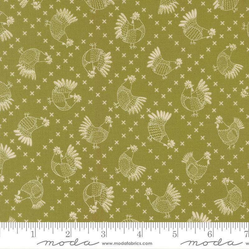 Image of The Henhouse Cross Stitch Grass quilting cotton fabric by Gingiber for Moda Fabrics. Features chickens on a green background. Cute Little Fabric Shop.