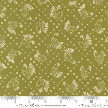Image of The Henhouse Cross Stitch Grass quilting cotton fabric by Gingiber for Moda Fabrics. Features chickens on a green background. Cute Little Fabric Shop.