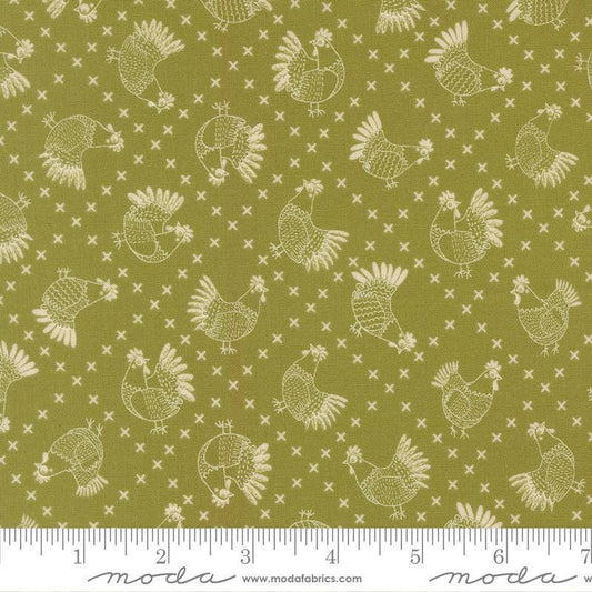 Image of The Henhouse Cross Stitch Grass quilting cotton fabric by Gingiber for Moda Fabrics. Features chickens on a green background. Cute Little Fabric Shop.