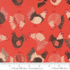 Image of The Henhouse Chickens Tomato quilting cotton fabric by Gingiber for Moda Fabrics. Features chickens on a red background. Cute Little Fabric Shop.