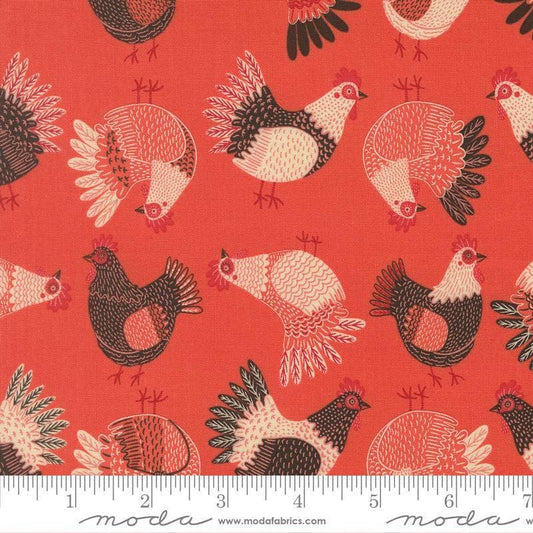 Image of The Henhouse Chickens Tomato quilting cotton fabric by Gingiber for Moda Fabrics. Features chickens on a red background. Cute Little Fabric Shop.