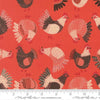 Image of The Henhouse Chickens Tomato quilting cotton fabric by Gingiber for Moda Fabrics. Features chickens on a red background. Cute Little Fabric Shop.