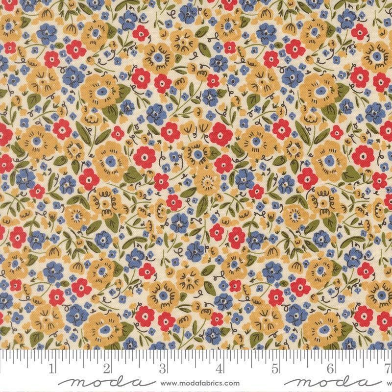 Image of The Henhouse Calico Tomato quilting cotton fabric by Gingiber for Moda Fabrics. Features flowers on a cream background. Cute Little Fabric Shop.