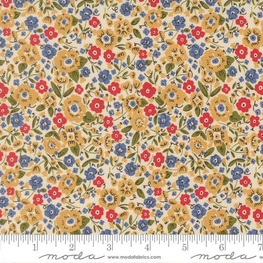 Image of The Henhouse Calico Tomato quilting cotton fabric by Gingiber for Moda Fabrics. Features flowers on a cream background. Cute Little Fabric Shop.