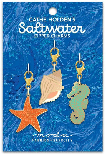 Saltwater Ocean Zip Charm Three Count Lobster Clasps - Moda Fabrics - Zipper Charms