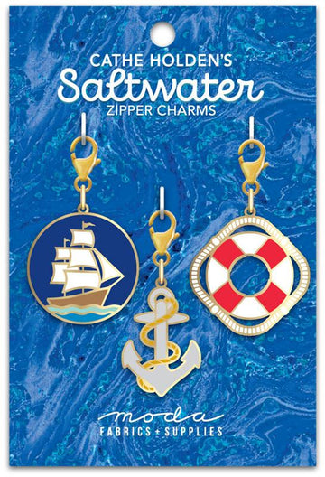 Saltwater Ship Zip Charm Three Count Lobster Clasps - Moda Fabrics - Zipper Charms