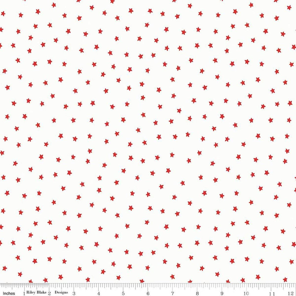 Image of Sew America Star Toss White quilting cotton fabric by J. Wecker Frisch for Riley Blake Designs. Features vintage American stars on a white background. Cute Little Fabric Shop.