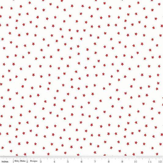 Image of Sew America Star Toss White quilting cotton fabric by J. Wecker Frisch for Riley Blake Designs. Features vintage American stars on a white background. Cute Little Fabric Shop.