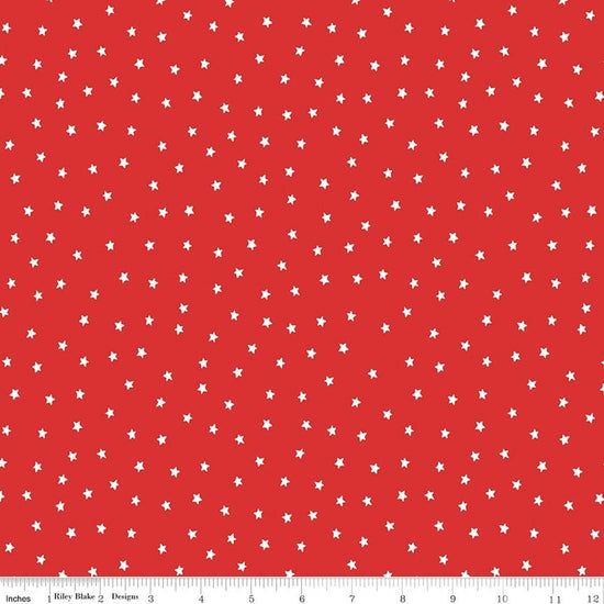 Image of Sew America Star Toss Red quilting cotton fabric by J. Wecker Frisch for Riley Blake Designs. Features vintage American stars on a red background. Cute Little Fabric Shop.