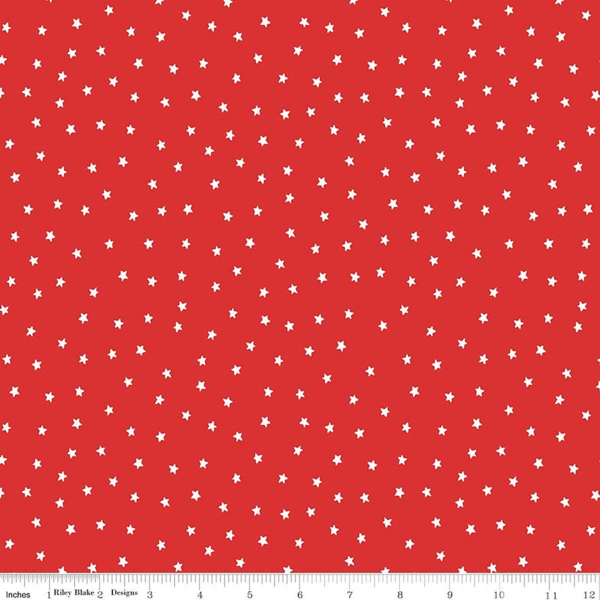 Image of Sew America Star Toss Red quilting cotton fabric by J. Wecker Frisch for Riley Blake Designs. Features vintage American stars on a red background. Cute Little Fabric Shop.