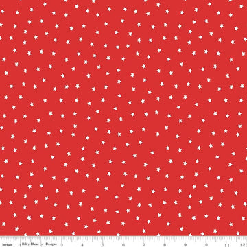 Image of Sew America Star Toss Red quilting cotton fabric by J. Wecker Frisch for Riley Blake Designs. Features vintage American stars on a red background. Cute Little Fabric Shop.
